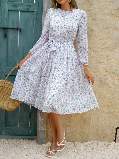 Print Dot Dress Women Casual Long Sleeve Round Neck Midi Dresses Lace Up Vocation Elegant Vestidos Summer 2025 Y2k Streetwear