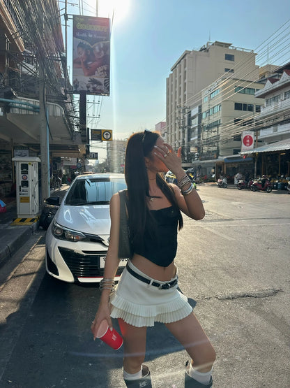 Summer Clothes Tweed Pleated Skirt Women Black Mini Skirts For Woman Preppy Low Waist Pleated Layered Casual Short Skirts Blue