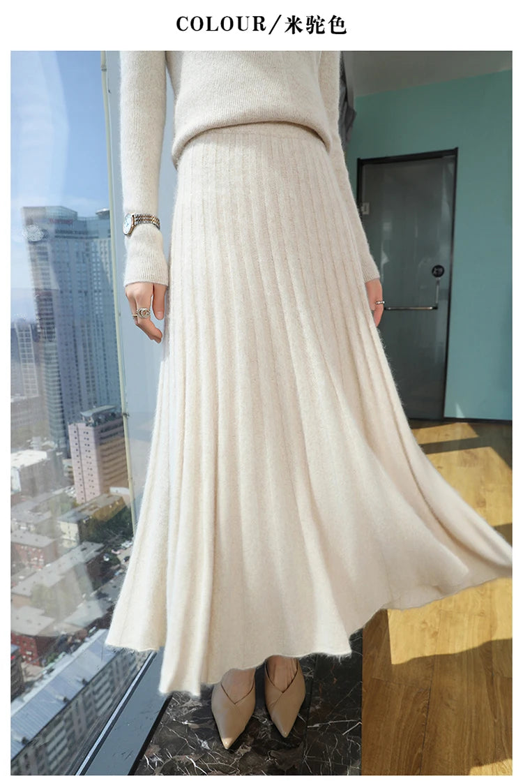 mink cashmere skirt Fashion long dress women A-line skirt autumn winter loose pleated skirt elegant high-waisted skirt ladies