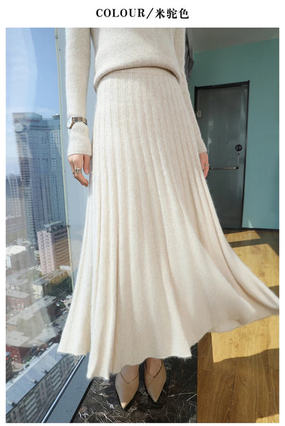 mink cashmere skirt Fashion long dress women A-line skirt autumn winter loose pleated skirt elegant high-waisted skirt ladies