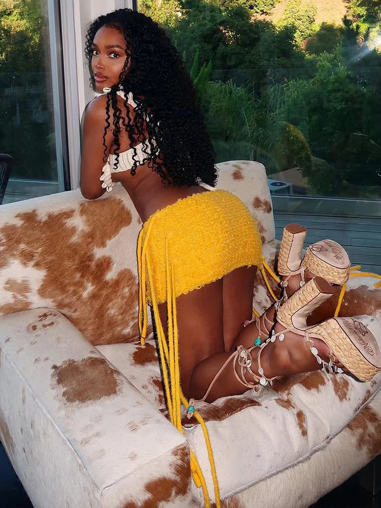 Nibber Basic Sexy Furry Side Tassel Skirts Women Y2K Peach Hip Summer Solid Wild Hipster Streetwear Skinny Midnoight Mini Bottom