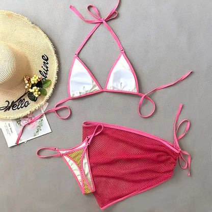 SINGREINY Mesh Sheath Sexy Bikini Sets Female Mini Camis Briefs+Short Skirt Set Fashion Drawstring Sensual Beach 3 Pieces Suits