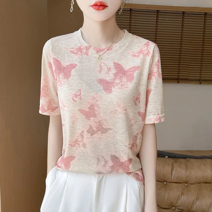 Spring And Summer New Lyocell Short Sleeve Sweater Loose Thin Half Sleeve T-shirt Printed Top