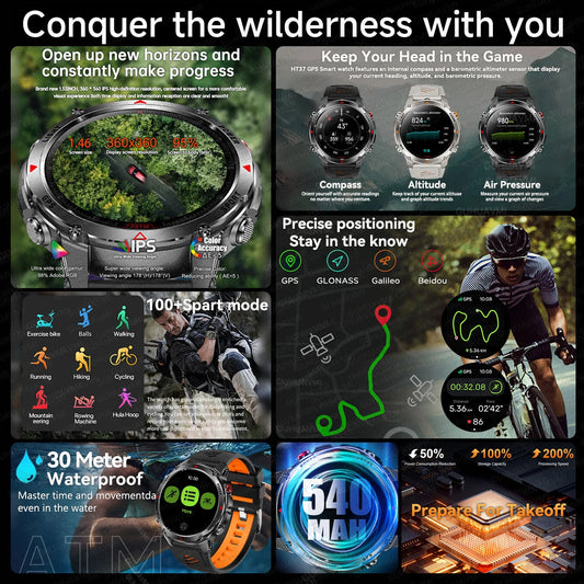 2026 New Outdoor Sport GPS Position Smart Watch Men 3ATM Waterproof Compass Altimeter 540mAh BT Call Fitness Watch