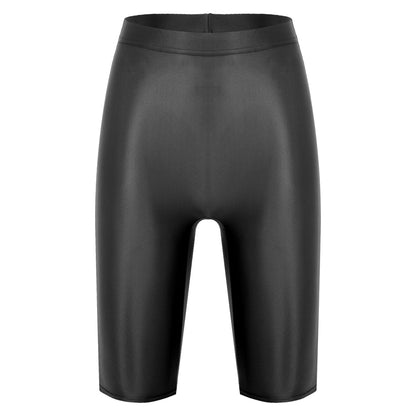 Women Glossy Shorts High Waist Fitness Short Leggings Oil Shiny Knee-Length Tights Swimming Trunks Female Workout Sports Bottoms