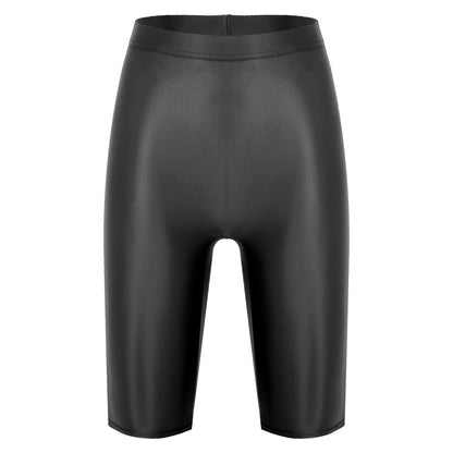 Women Glossy Shorts High Waist Fitness Short Leggings Oil Shiny Knee-Length Tights Swimming Trunks Female Workout Sports Bottoms