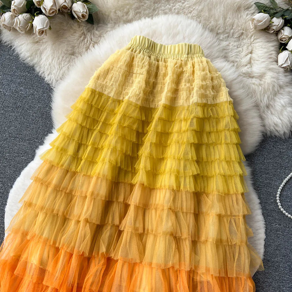 Voille Skirts Women Gradient Y2k High Waist Elastic Jupe Ladies Tulle Mujer Faldas Ruffles Long Female Mesh Skirt Dropshipping