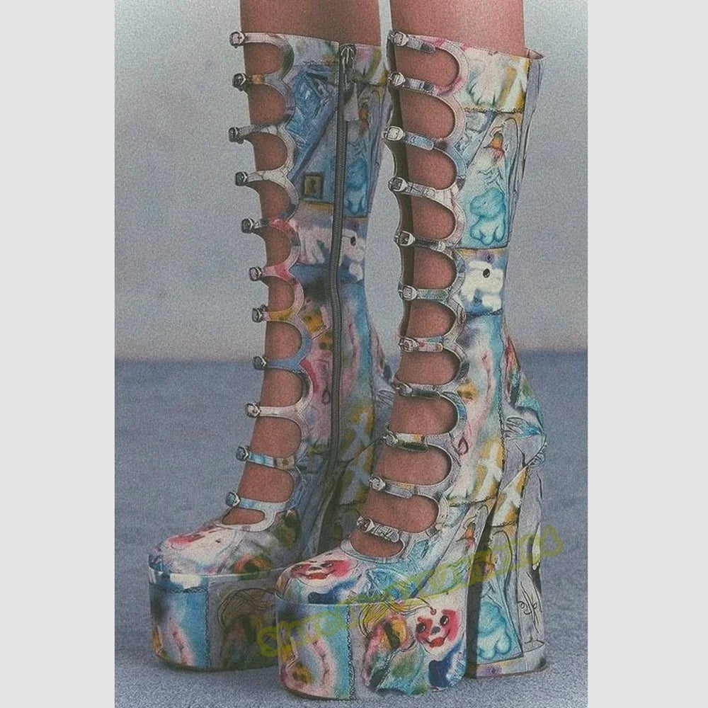 Crystal Bling Knee High Sandals Boots Thick Sole Platform Chunky High Heels Solid Buckles Straps Sandals Women Sexy Shoes Summer