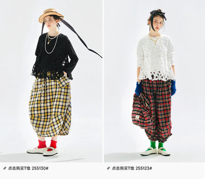 Yellow checkered skirt 2025 imakokoni original autumn Japanese color woven artistic pure cotton lantern skirt for women 255122