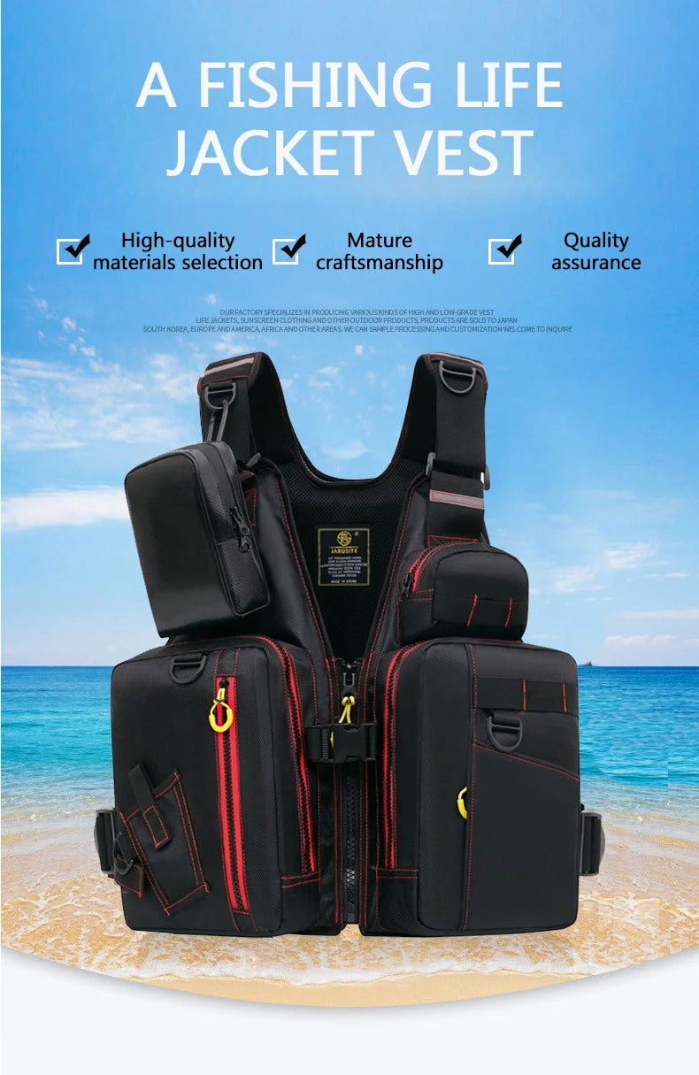multi-functional life jacket vest for outdoor fishing, a must-have for safety. Multiple pockets for storage, buoyant materials