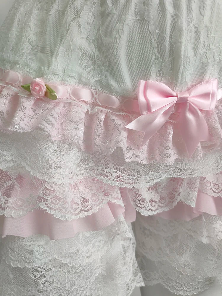 Cute Shorts Women Summer Bow Decoration Pink Lace Patchwork Elastic Waist Lolita Multilayer Bottoming Shorts for Sweet Girls