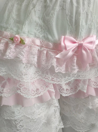 Cute Shorts Women Summer Bow Decoration Pink Lace Patchwork Elastic Waist Lolita Multilayer Bottoming Shorts for Sweet Girls