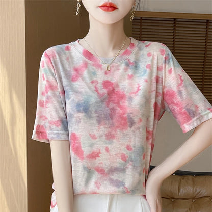 Spring And Summer New Lyocell Short Sleeve Sweater Loose Thin Half Sleeve T-shirt Printed Top