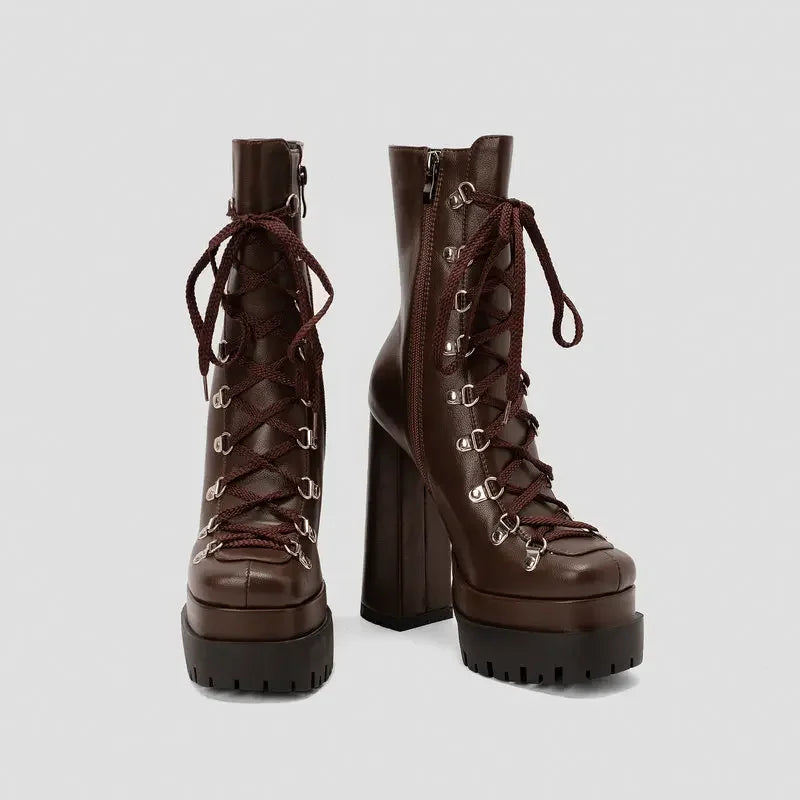 Modern Western Mature Punk Goth Female Winter Super Block High Heeled Shoes Square Toe Lace-up Platform Heels Boots