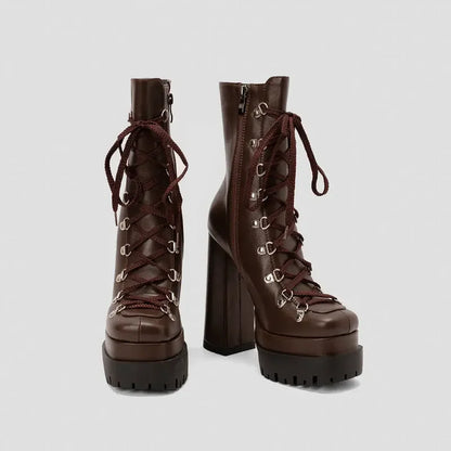 Modern Western Mature Punk Goth Female Winter Super Block High Heeled Shoes Square Toe Lace-up Platform Heels Boots