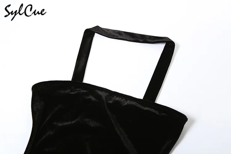Sylcue Winter Party Black Mysterious Sexy Mature Beautiful Elegant Graceful Sweet Gentle Women'S Halter Tulle Stitching Dress