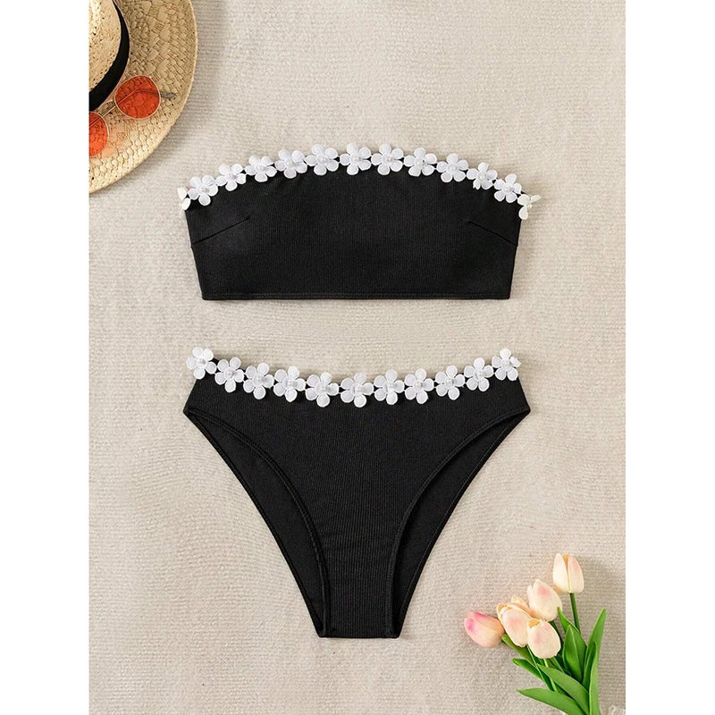 Sexy Solid Floral Strapless Bikini 2 Piece Set Women Split Swimsuit Beach Bikinis 2025 New Summer Swimwear Bikinis Set