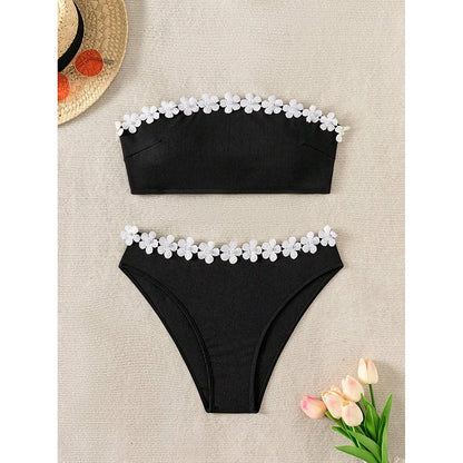 Sexy Solid Floral Strapless Bikini 2 Piece Set Women Split Swimsuit Beach Bikinis 2025 New Summer Swimwear Bikinis Set