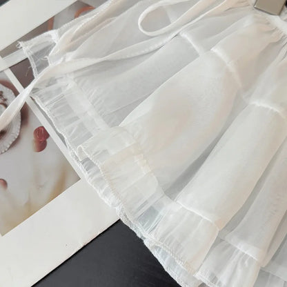 Plus size Spring All-Match French Lace Strap Design Fashion Pleated Skirt Fart Curtain Skirt Ruffle Trim Belted A- Line Skirt