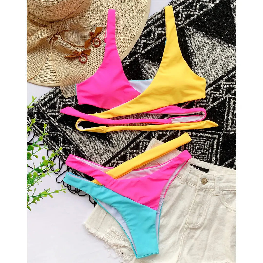 S -XL Splicing Bikini Female Swimsuit Women Swimwear Two-piece Bikini set Asymmetric Mid Waist Bather Bathing Suit Swim V2423