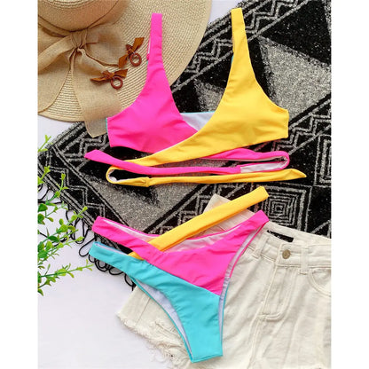 S -XL Splicing Bikini Female Swimsuit Women Swimwear Two-piece Bikini set Asymmetric Mid Waist Bather Bathing Suit Swim V2423
