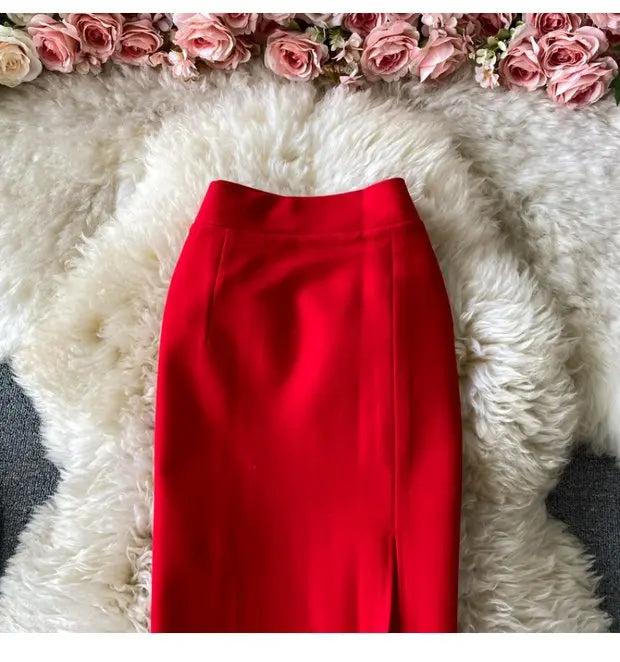 Faion High Waist  Color Midi Skirt Slimming Elastic Slit One Step OL Busin Bodycon Skirt Young Women Commute Sle