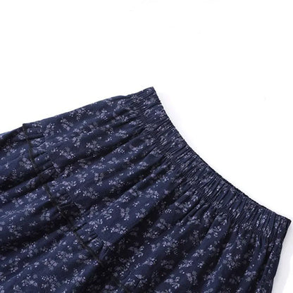 New Elegant Dark Blue Floral Women High-Waisted Retro Blue Floral Skirt Female A-line Skirt Casual Lazy Wind Long Skirt