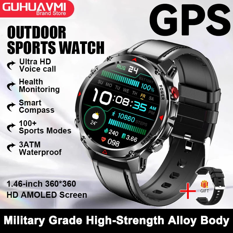 2026 New Outdoor Sport GPS Position Smart Watch Men 3ATM Waterproof Compass Altimeter 540mAh BT Call Fitness Watch