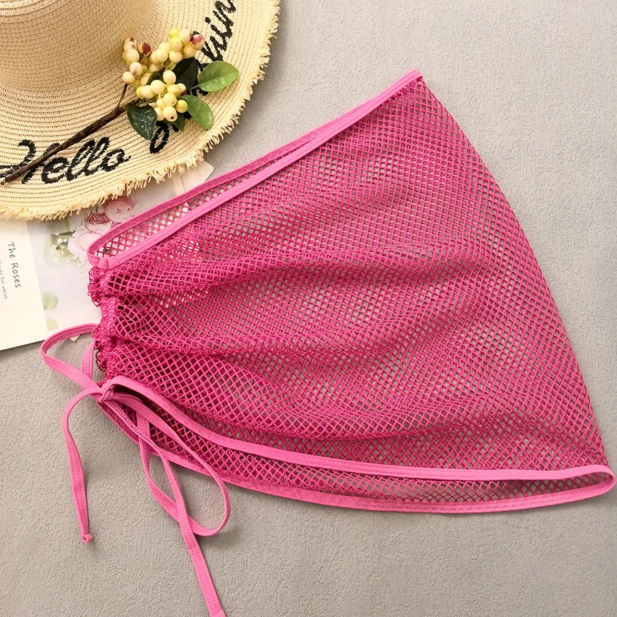 SINGREINY Mesh Sheath Sexy Bikini Sets Female Mini Camis Briefs+Short Skirt Set Fashion Drawstring Sensual Beach 3 Pieces Suits