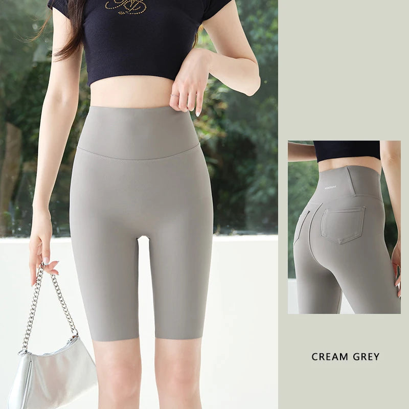 BIVIGAOS Summer New Back Pocket Sharkskin Cycling Shorts Women Cool Knee Length Short Leggings Casual Elastic Sport Biker Shorts