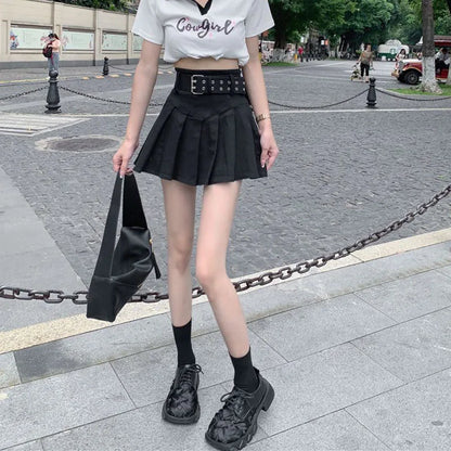 Lucyever Korean High Waist Pleated Skirts Women Summer Khaki Black with Belt A-Line Skirt Woman All-Match Streetwear Mini Skirt