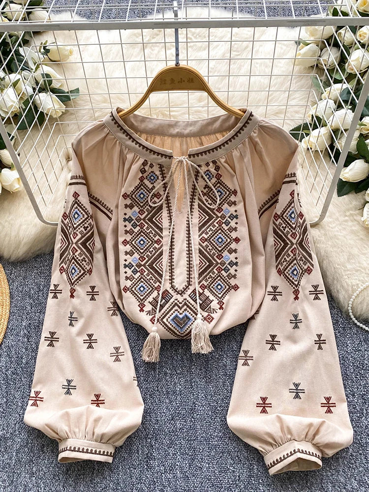 Women Autumn Blouse Loose Artistic Retro Heavy Industry Embroidery Bow O-Neck Lantern Sleeve Shirt Casual Versatile Top BL270