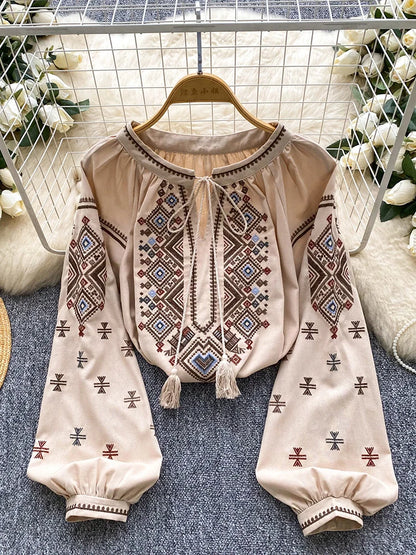 Women Autumn Blouse Loose Artistic Retro Heavy Industry Embroidery Bow O-Neck Lantern Sleeve Shirt Casual Versatile Top BL270