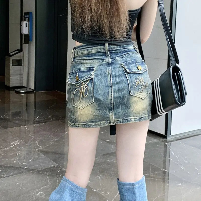 STSVZORR Vintage Embroidery Denim Half Skirt Women's Summer Skirt Water Wash Elastic Wrap Hip Short Skirt
