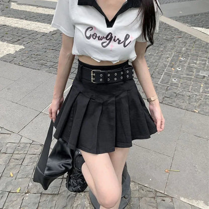Lucyever Korean High Waist Pleated Skirts Women Summer Khaki Black with Belt A-Line Skirt Woman All-Match Streetwear Mini Skirt