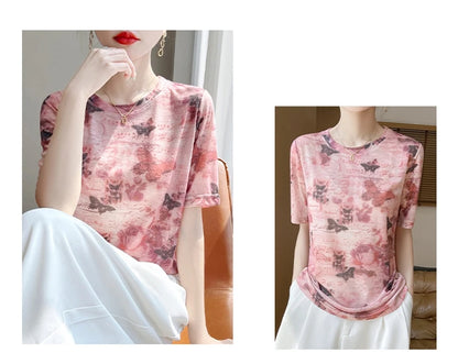 Spring And Summer New Lyocell Short Sleeve Sweater Loose Thin Half Sleeve T-shirt Printed Top