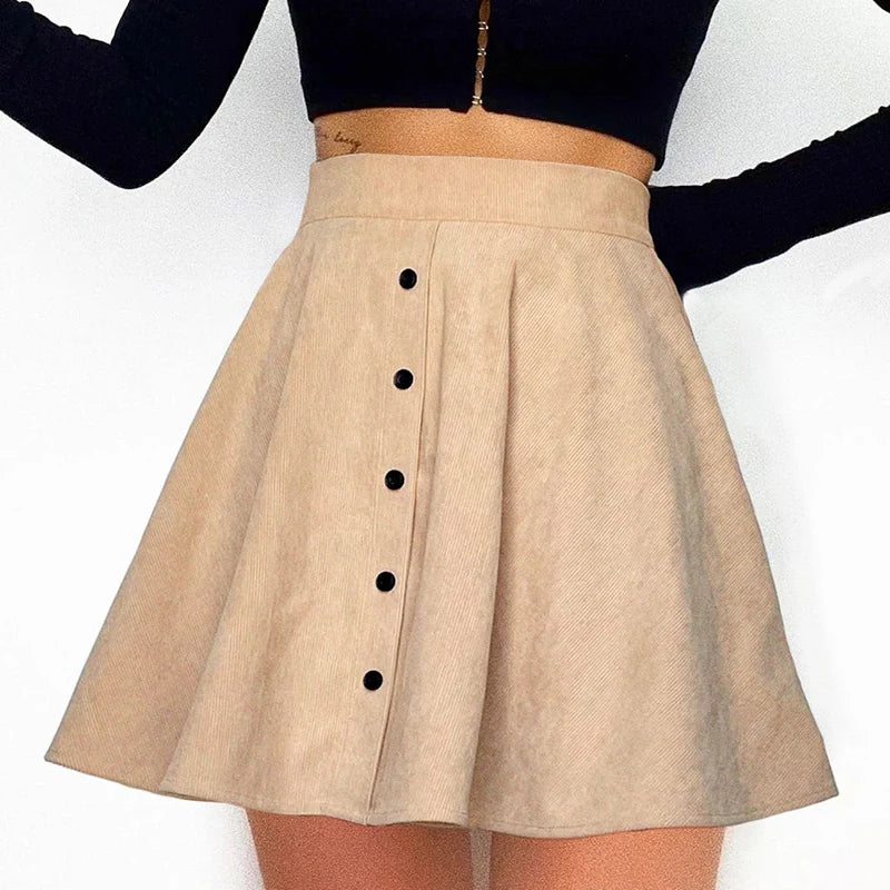 Fashion Corduroy Mini Skirts for Women Single Breasted Skirt Woman Autumn Winter Chic High-Waisted Umbrella Skirts Female