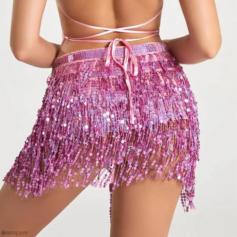 Sexy Women Belly Dance Hip Tutu Skirt Scarf Wrap Belt Glitter Sequins Tassel Hipscarf Skirt Sundress Costume Fringe Skirt Outfit