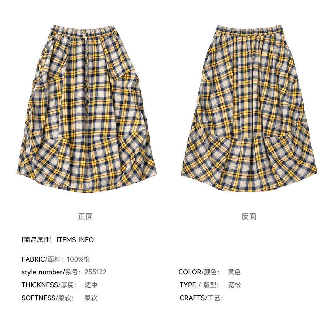 Yellow checkered skirt 2025 imakokoni original autumn Japanese color woven artistic pure cotton lantern skirt for women 255122