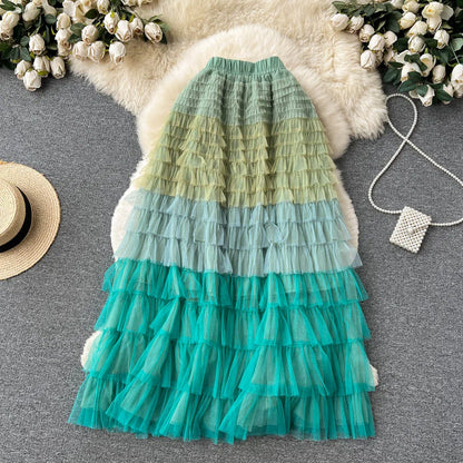 Voille Skirts Women Gradient Y2k High Waist Elastic Jupe Ladies Tulle Mujer Faldas Ruffles Long Female Mesh Skirt Dropshipping