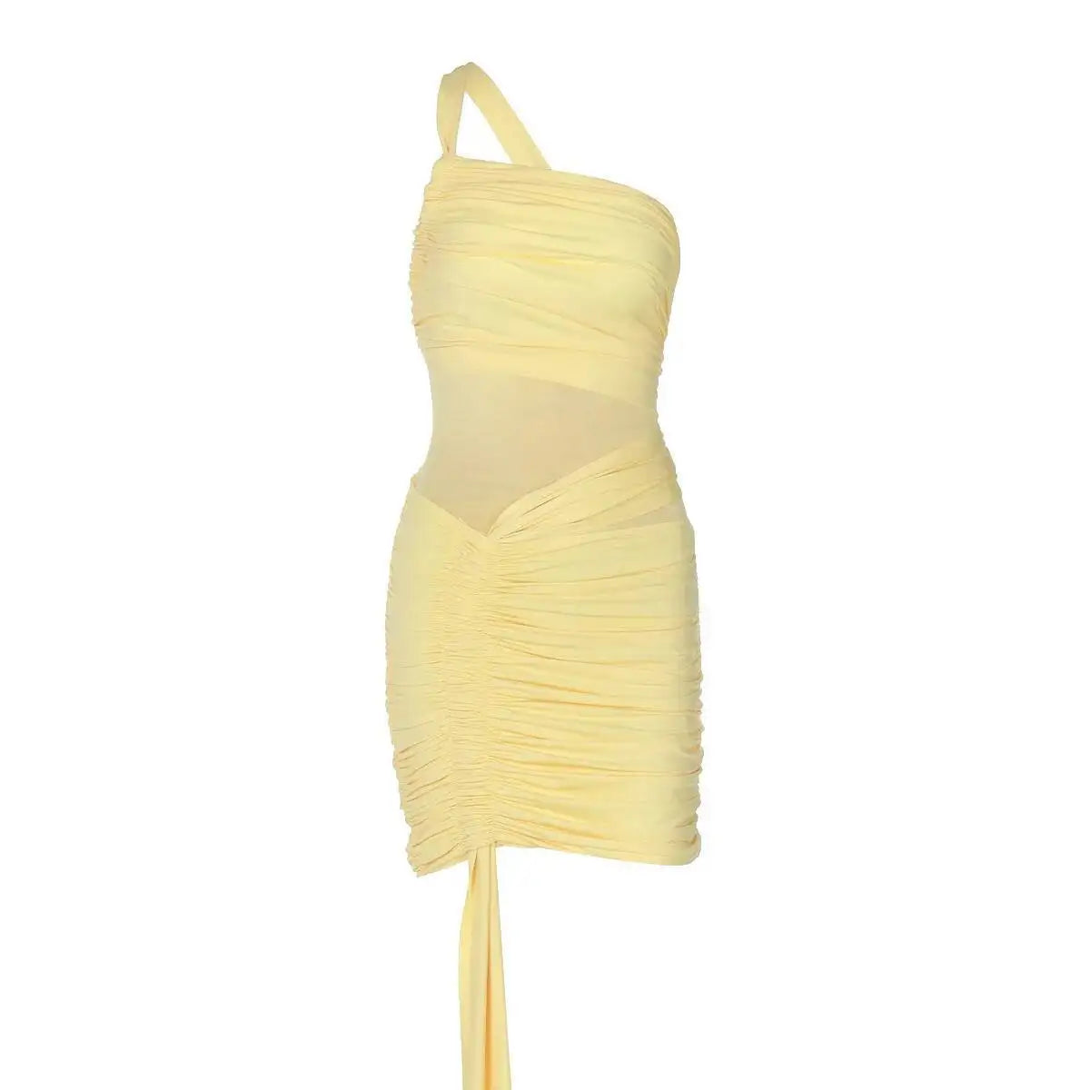 Avrilyaan Mesh Patchwork Backless Sexy Dress Women 2025 Nightclub Party Dress One-Shoulder Ruched Bodycon Mini Summer Dress