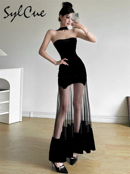 Sylcue Winter Party Black Mysterious Sexy Mature Beautiful Elegant Graceful Sweet Gentle Women'S Halter Tulle Stitching Dress