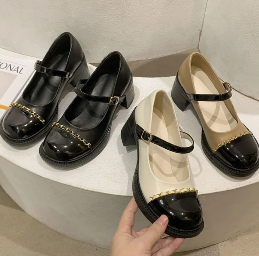 Women's Summer Footwear On Heeled Round Toe Shoes For Woman 2025 Gothic Mary Jane Pumps High Heels Luxury Leather Casual Black A