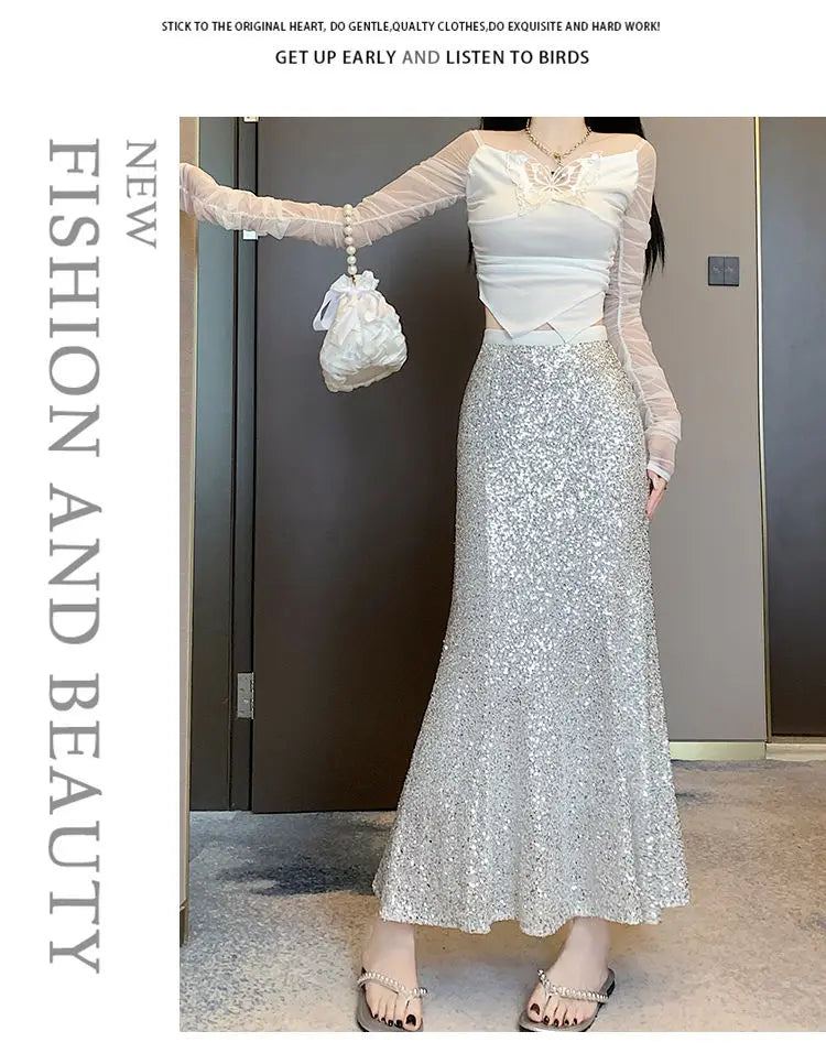Elegant Sequined Long Black Skirts Women High Waist Party Club Faldas Largas Korean Fashion Y2k Clothes A Line Mid Length Skirt