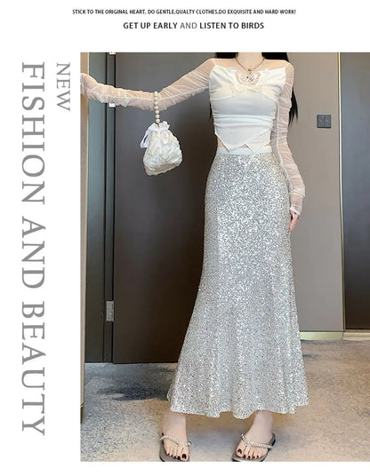 Elegant Sequined Long Black Skirts Women High Waist Party Club Faldas Largas Korean Fashion Y2k Clothes A Line Mid Length Skirt