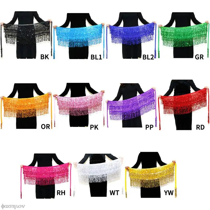 Sexy Women Belly Dance Hip Tutu Skirt Scarf Wrap Belt Glitter Sequins Tassel Hipscarf Skirt Sundress Costume Fringe Skirt Outfit