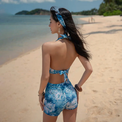 Swimsuit 4 Pieces Bikini Sets Women Swimwear Printed Underwired Mesh Long Sleeve Cover Up High Waist Shorts Headband 2023 New