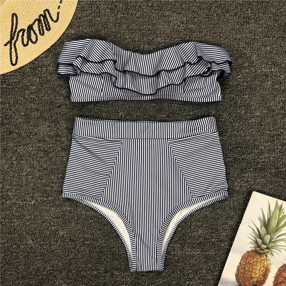 Cikini-Women's Split Swimming Suit, Irregular Striped, Lotus Leaf Edge, High Waist Bikini, Swimming Suit