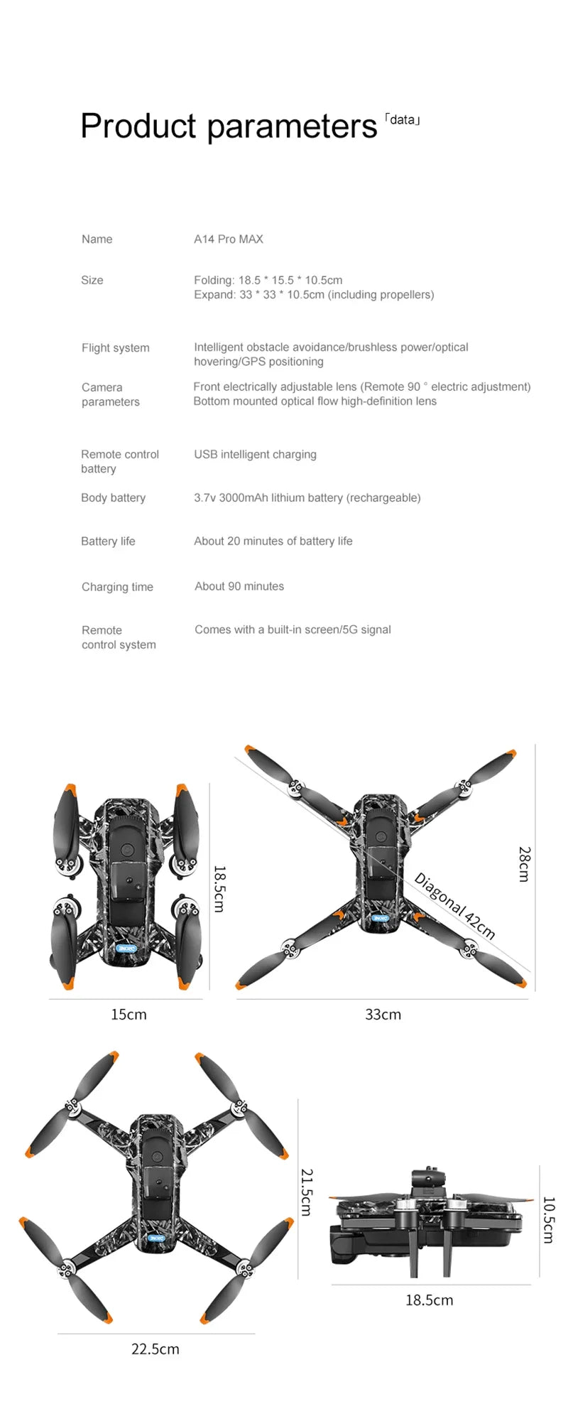 Xiaomi A14 pro Max Drone 8k HD Dual Camera GPS Brushless Optical Flow Obstacle Avoidance 4.5-inch Large Screen Uav Rc 20000m New