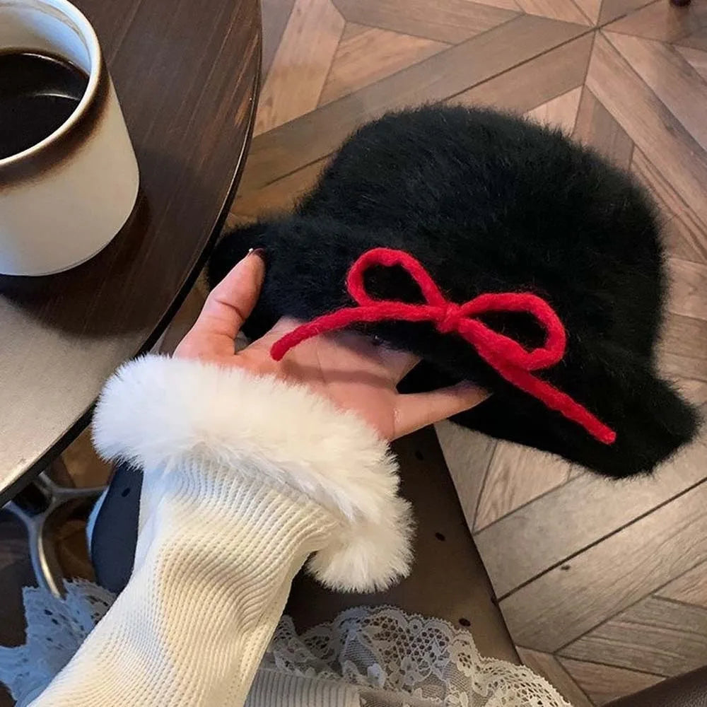 Top Hat Vintage Looking Black Bowler Hats Beret Japanese Style Woolen Bucket Cap Bow Versatile White Dome Hat Winter